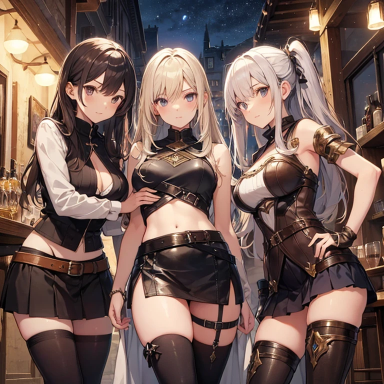 A group of  female medieval fantasy adventurers, (in tavern), various hair styles, harem, night, details face, short skirt, seducing, sleeveless, armor, midriff 