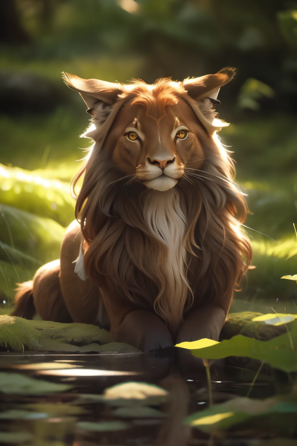 (Beautiful mature female, Lion, paws, claws, (fluffy feral)), remarkable detailed eyes, (wavy hair (freckles)), nude, pussy, small
breastssqueezed between elbows, blush, aroused, downward dog pose,roused, downward dog pose,all fours position, three quarter view from behind,(stylized Anime artwork, blue outline Ghibli style), detailed, masterpiece, best quality, detailed background, solo
