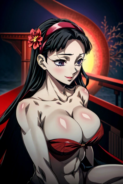 aayukiko, long hair, hairband, masterpiece, best quality, absurdres, perfect antomy, ((anime Illustrator)),best quality,highly detailed,detailed beautiful face,1girl,short hair,smile, large breasts,detailed skin,red wedding dress,bare shoulders,stomach cutout,strapless,flower,moonlight,church,large breasts,huge breasts,sasagging breasts, kimetsu no yaiba art style