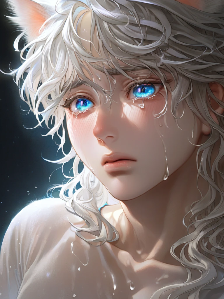 crying,aesthetic,extremely detailed,teary eyes,beautiful and delicate blue eyes,rosy cheeks,soaked lashes,emotional expression,intense sadness,dripping tears, a handsome man,alone,has white cat ears,white long hair, messy hair,wearing white wet shirt, hot spring, thermals, true-to-life textures,highly refined details,dramatic lighting,seamless blending of colors,vibrant hues,artistic composition,breathtaking realism,masterful craftsmanship,haunting handsome, stark contrast,luminous glow,shimmering highlights,subtle shadows,intimate close-up,precise contours,striking emotion,fluid brush movements,touching portrayal,painstaking attention to detail,aesthetically pleasing,heart-wrenching,deeply moving artistry-v6