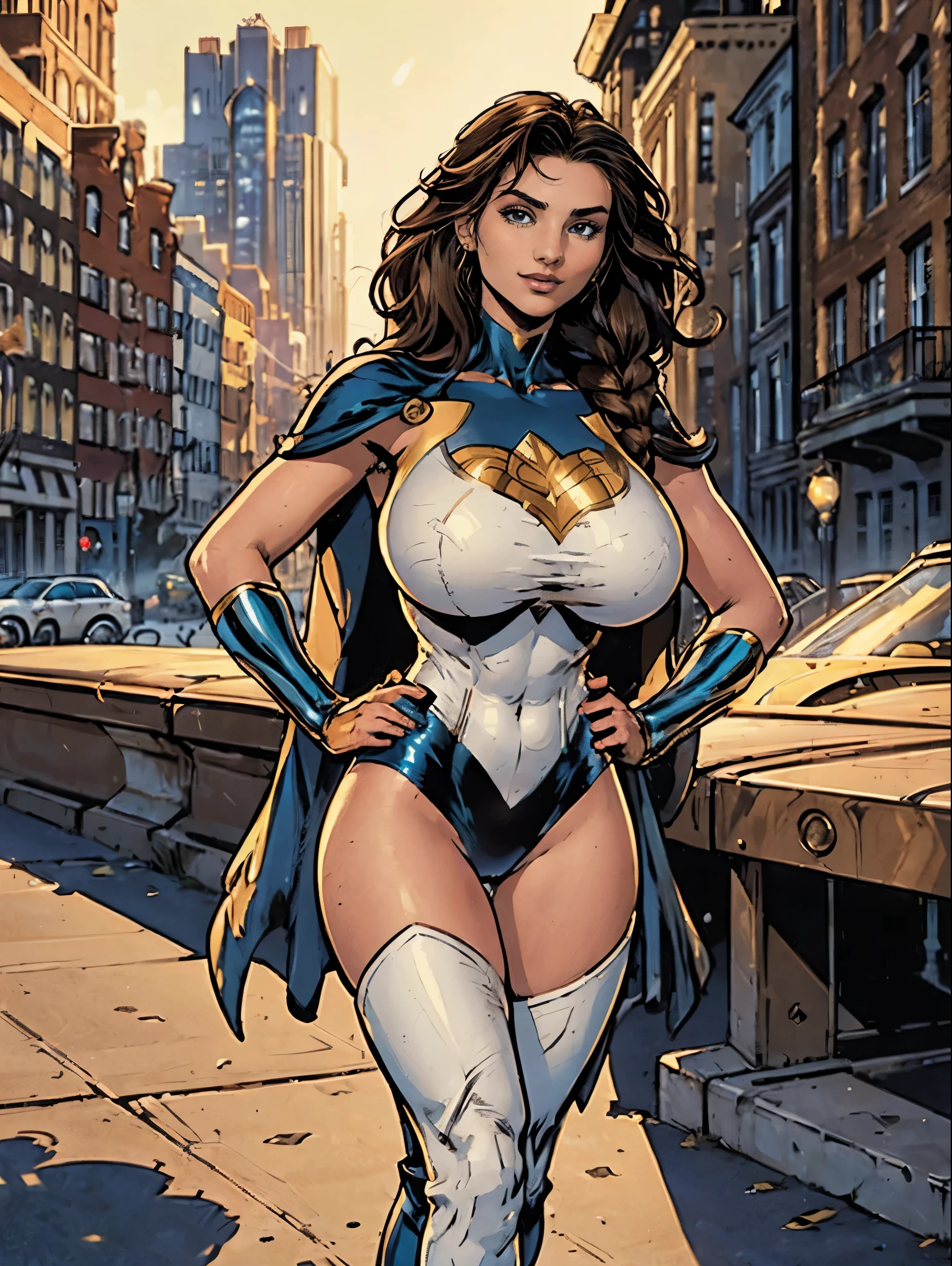 (masterpiece, top quality, best quality, official art, beautiful and aesthetic:1.2), (1girl:1.3), brown hair, braid, extremely detailed, portrait, looking at viewer, solo, (full body:0.6), detailed background, close up, mischievous eyes, (warm city superhero theme:1.1), pleasant smile, brunette, aquiline nose, green eyes, braid, ((gigantic breasts)), (thin), athletic, superhero. Wearing a white and gold superhero leotard, cape, gloves, thigh-high boots, slim waist, slim hips, long legs, modern (city street exterior:1.1) detailed background, bright optimistic lighting, shadows, magical atmosphere, dutch angle