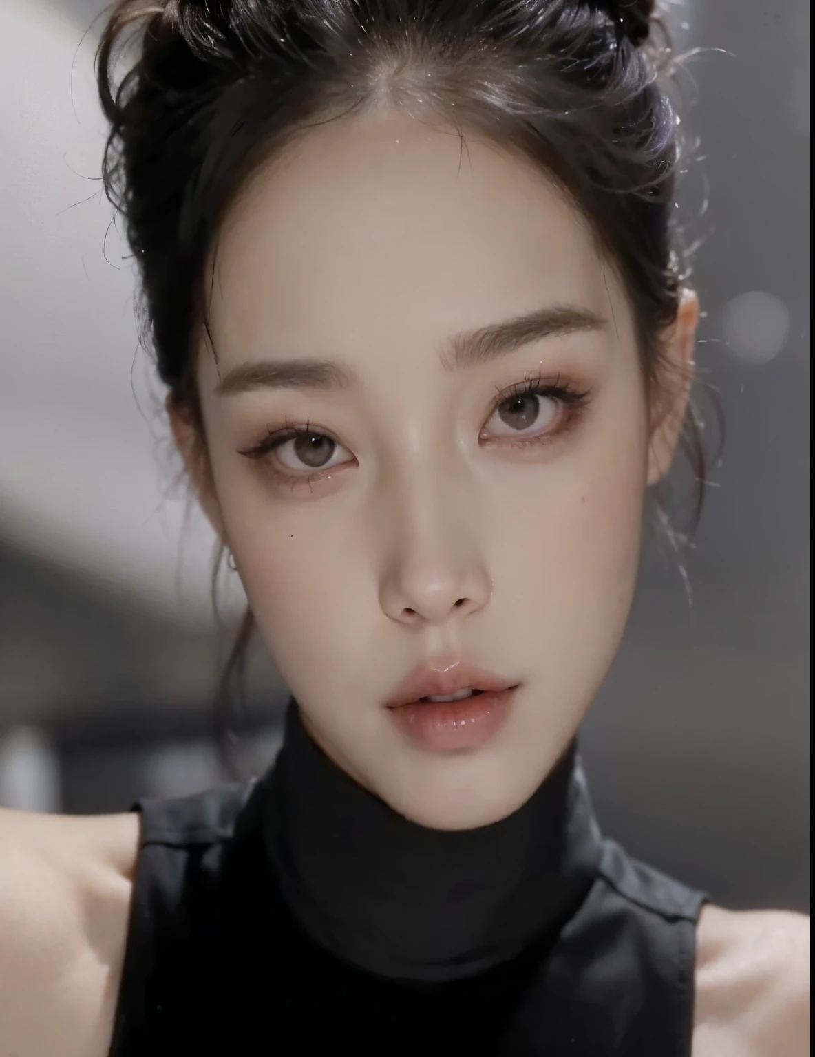 Close up of woman wearing black top and black top, Jenny Blackpink, portrait of Josh is Blackpink, Josh is Blackpink, Zia, Portraits of Korean female idols, Jiyoon Chae, Cute and lovely Korean face, jimin park, Look sideways, intense steam, Minjeong Shin, Inspired by Woobin, Heonhwa Choi