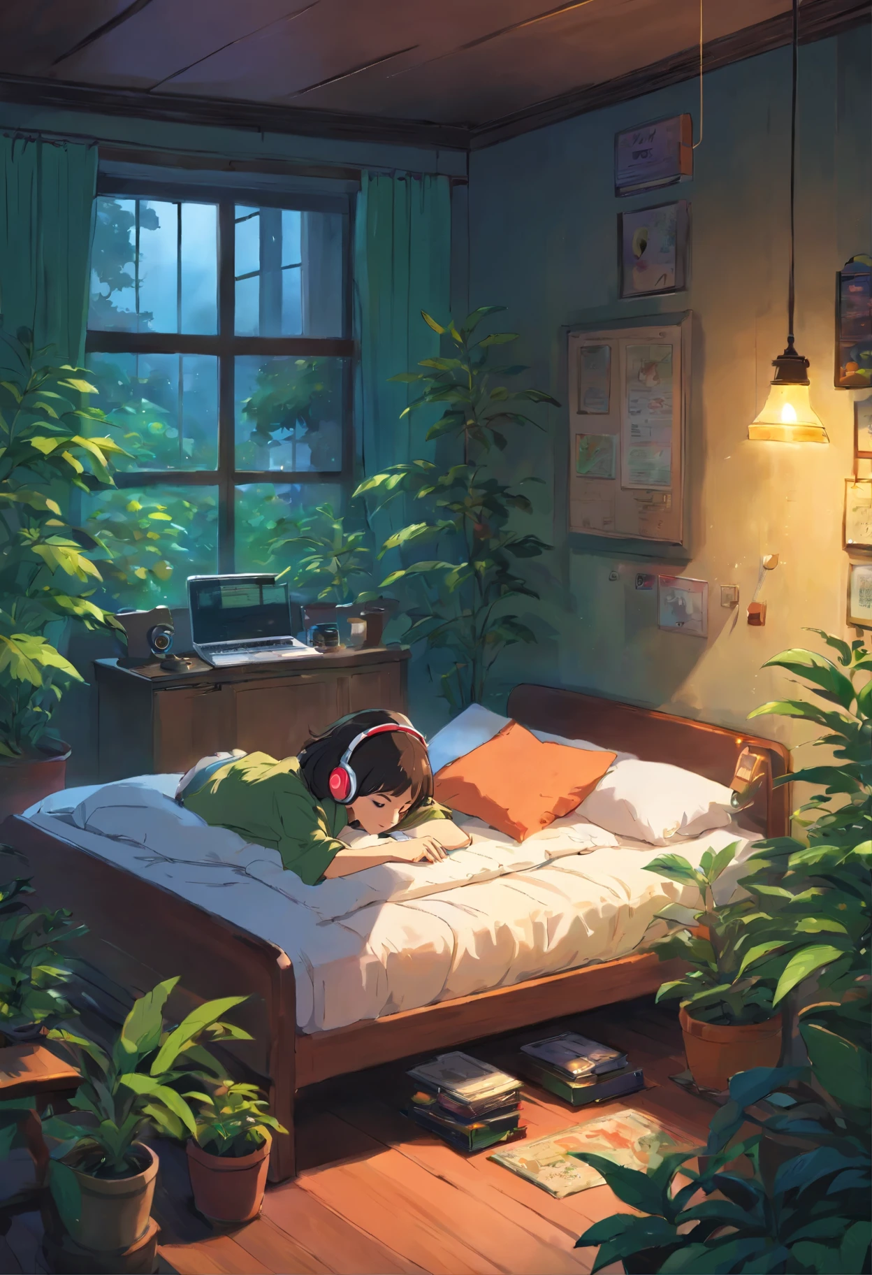 a girl lying in a comfortable bed in a cozy room, listening to music with headphones, 2D anime style, fixing a hard drive, dark atmosphere, plants, coffee, rainy day, plants, homework
