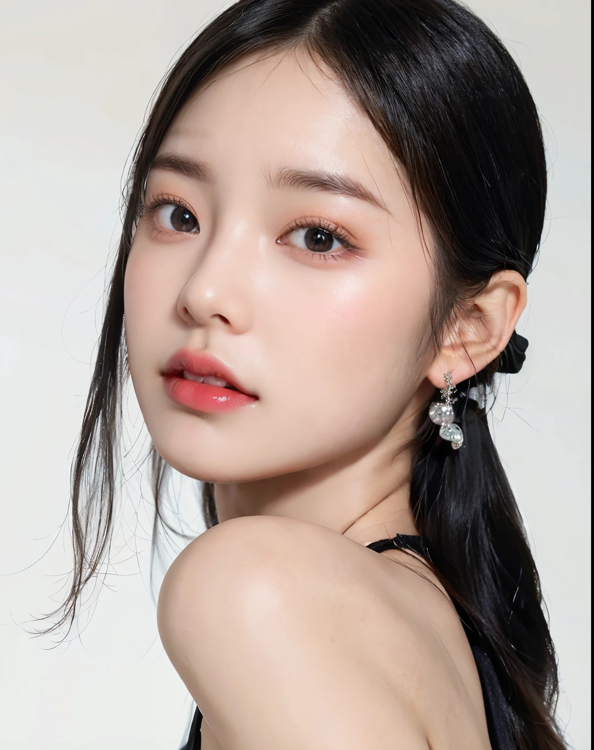 Close up of woman with long black hair wearing black top, Jenny Blackpink, Popular Korean Makeup, popular korean makeup, Young and lovely Korean face, Beautiful Korean Woman, Beautiful young Korean woman, common ratio, Beautiful young Korean woman, Korean facial features, beautiful aesthetic face, Lee, Ji - Eun, Lee, Ji - Eun, Asian features