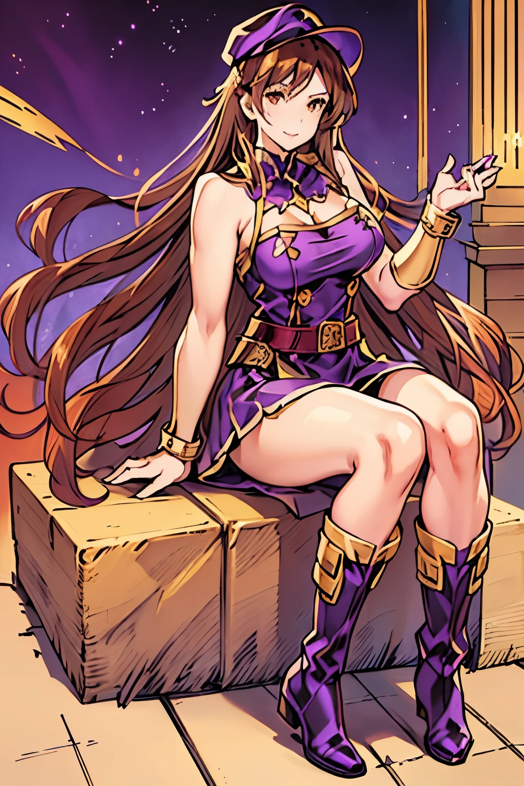 woman, long hair, brown hair, brown eyes, smiling, Mage purple hat(with golden details), strapless dress, cleavage, mage purple dress(with golden details), long cape, long purple socks, Zettai ryōiki ,purple gloves, belt, busty, wide hips, large thighs, anime style, purple boots((with golden details)), holding golden staff