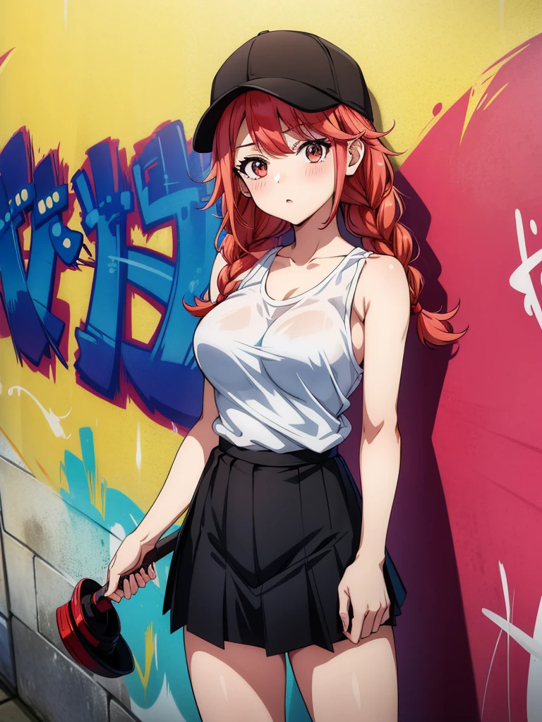 cartoon woman with red hair in short shorts and a tank top, leaning against a wall, 1girl, breasts, braid, hat, twin braids, graffiti, skirt, blush, looking at viewer, long hair, large breasts, black skirt, baseball cap, 1boy, solo focus