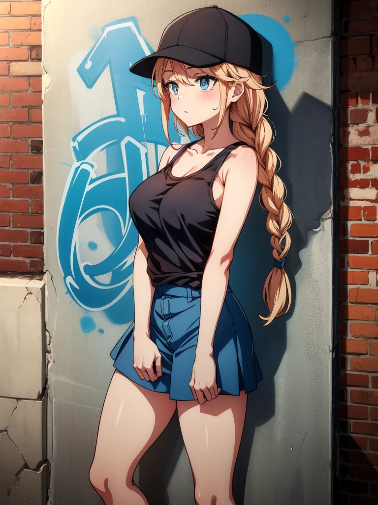 a cartoon woman in a tank top and shorts standing next to graffiti, 1girl, graffiti, solo, hat, breasts, blue eyes, braid, twin braids, skirt, brick wall, baseball cap, against wall, long hair, large breasts, blush, wall