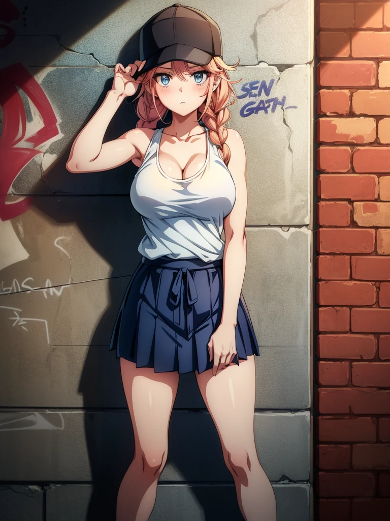 a cartoon woman in a tank top and shorts standing next to graffiti, 1girl, graffiti, solo, hat, breasts, blue eyes, braid, twin braids, skirt, brick wall, baseball cap, against wall, long hair, large breasts, blush, wall