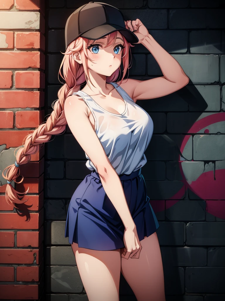 a cartoon woman in a tank top and shorts standing next to graffiti, 1girl, graffiti, solo, hat, breasts, blue eyes, braid, twin braids, skirt, brick wall, baseball cap, against wall, long hair, large breasts, blush, wall
