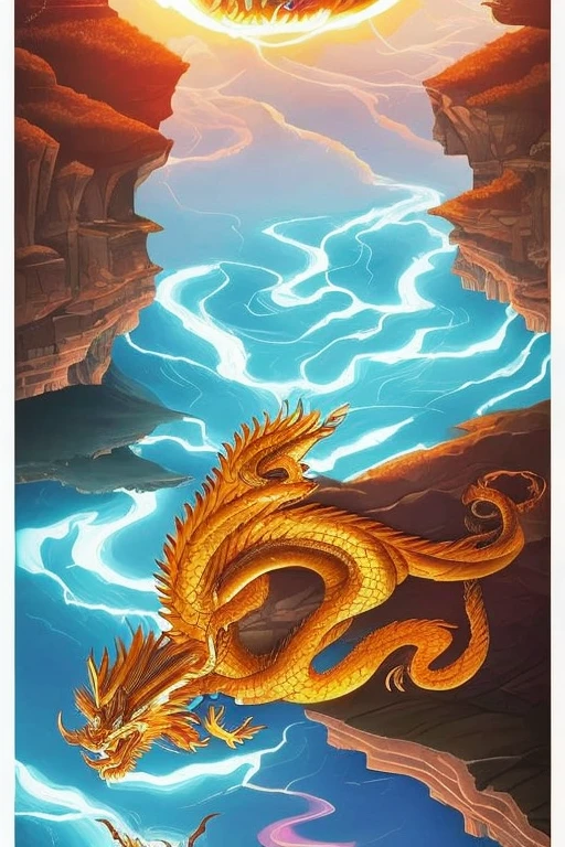 So sublime and divine々A beautiful golden dragon coiled up in the center of the screen, glaring at the camera.。金色のThe dragon is幸せをもたらす神なのでとても有難い存在である。The surrounding area is a canyon where no one can get close, and lightning is flashing in the background.、The sun is shining brightly。The dragon is、I want a realistic image。A man standing at the bottom of the canyon is worshipping the dragon with gratitude.。