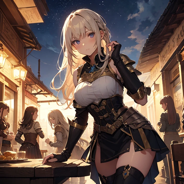 A group of female medieval fantasy adventurers, (in tavern), various hair styles, harem, night, details face, short skirt, seducing, sleeveless, armor