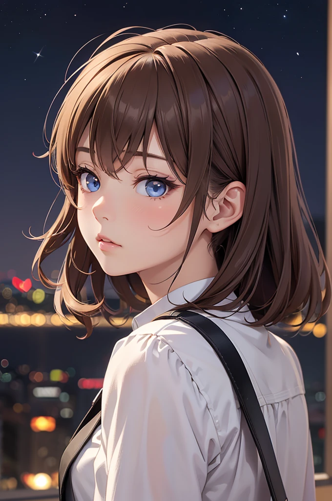 masterpiece、highest quality、High resolution、high quality images、8K, 1 female、skin luster、skin texture、Expression of fine eyes, realism, Detailed manga style, manga art style, perfect line drawing, beautiful line drawing, digital manga art girl, Clear,  charm, Front view, (perfectly detailed face), (fine hands) 、(Five fingers:1.3)、photorealistic images, Depth of written boundary,
One girl, bangs, blue eyes, Blurred Background,  Brown Hair, Mouth closed, From the side, Hair between the eyes、Long sleeve, View Viewer, Medium Hair, night,  star , Upper Body, Bright and colorful, Strong color contrast