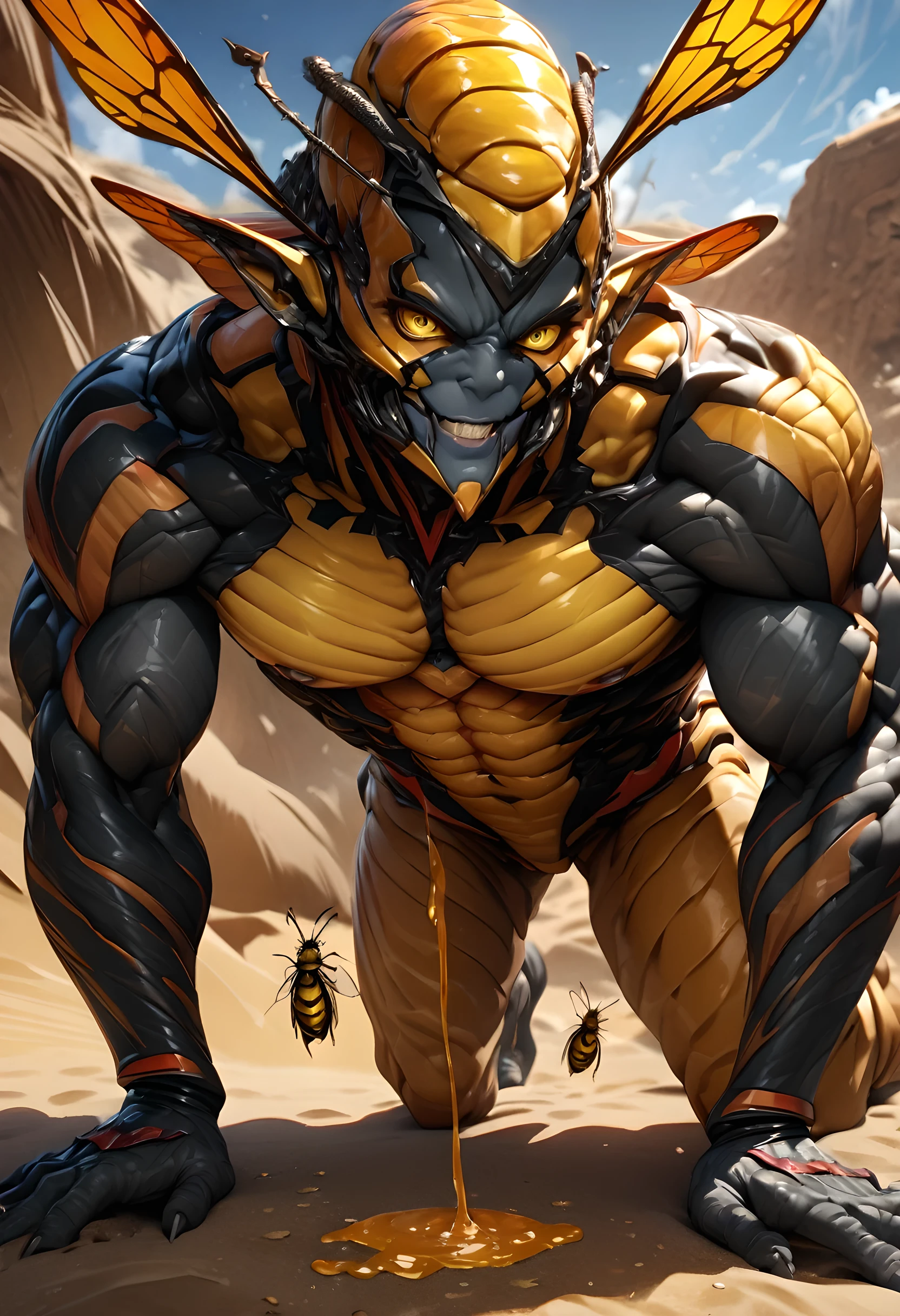 ((absurdres)) perfect whole body, ultra photorealistic, top quality, Photorealistic, ((16k UHD)) High Definition, high-res, ultra sharp, masterpiece, the best quality, intricate details, detailed eyes, perfect face detailed face, (((in the sandy desert))) orange goggles, masterpiece, highly detailed exquisite character art, perfectly detailed anatomy, detailed body, detailed pecs, hyper pecs, thick thighs, (((sunny weather))) (((natural lights))), ultra-realistic, (((1male))) ((tall muscular man male humanoid)), bald, humanoid yellow skin, bee anatomy, deity, god of honey bees, humanoid black & yellow skin tone, yellow hue, powerful humanoid appearance, compound eyes, stinger, abdomen, metallic scales, scales. Metallic armour, wings, elf ears, glossy skin, large smirking face, flying in the sky, mandibles, Antenna, honey, ((male muscular stripe black & yellow humanoid insect honey bee)) (((yellow skin))), (((black skin))) (((on all fours))) (((covered in semen)))