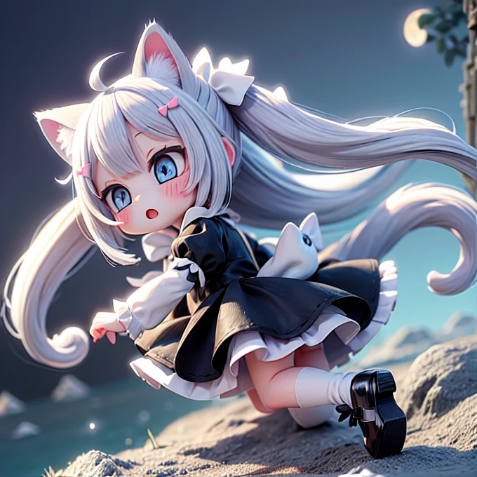 1girl, animal ears, tail, chibi, white hair, cat ears, solo, cat tail, long hair, hair ornament, cat girl, virtual youtuber, dress, blue eyes, ahoge, bow, white background, animal ear fluff, hairclip, holding