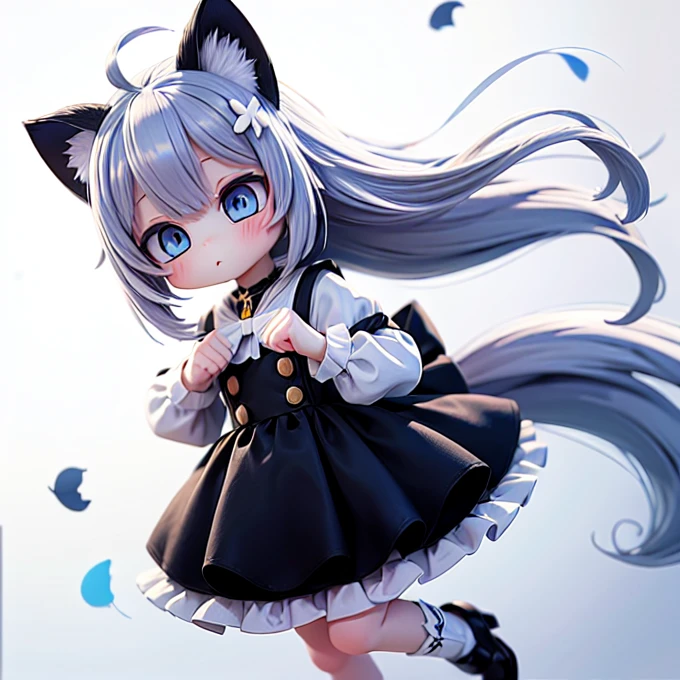 1girl, animal ears, tail, chibi, white hair, cat ears, solo, cat tail, long hair, hair ornament, cat girl, virtual youtuber, dress, blue eyes, ahoge, bow, white background, animal ear fluff, hairclip, holding