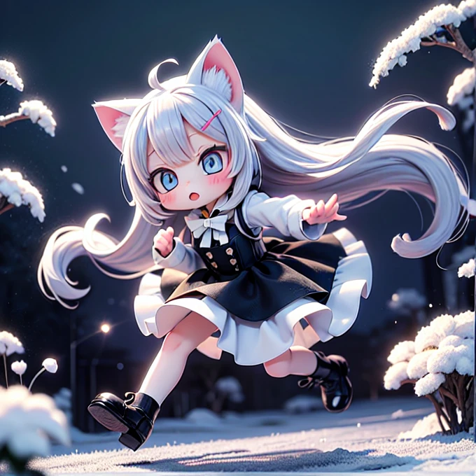 1girl, animal ears, tail, chibi, white hair, cat ears, solo, cat tail, long hair, hair ornament, cat girl, virtual youtuber, dress, blue eyes, ahoge, bow, white background, animal ear fluff, hairclip, holding