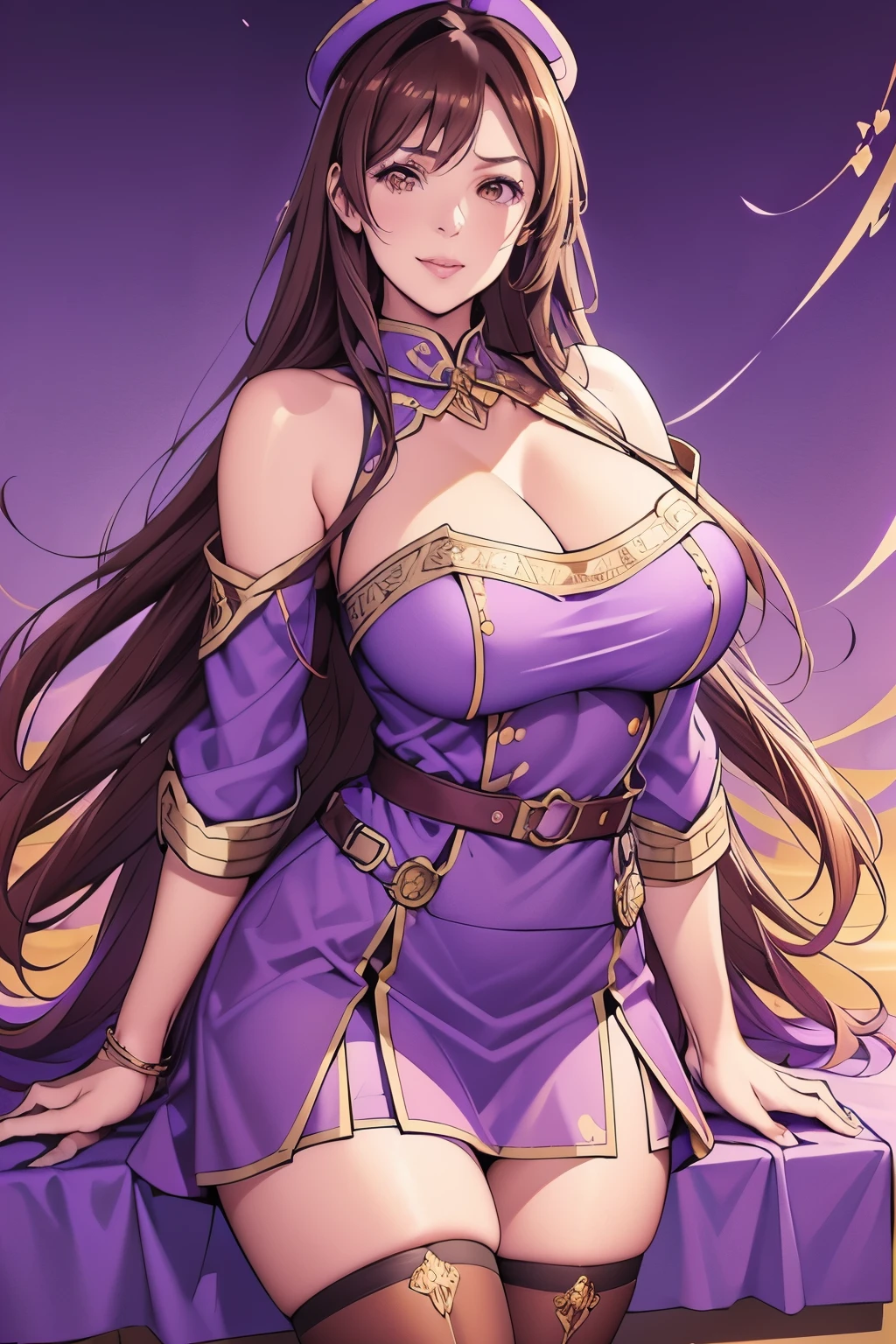 woman, long hair, brown hair, brown eyes, smiling, Mage purple hat(with golden details), strapless dress, cleavage, mage purple dress(with golden details), long cape, long purple socks, Zettai ryōiki ,purple gloves, belt, busty, wide hips, large thighs, anime style, purple boots((with golden details)), holding golden staff