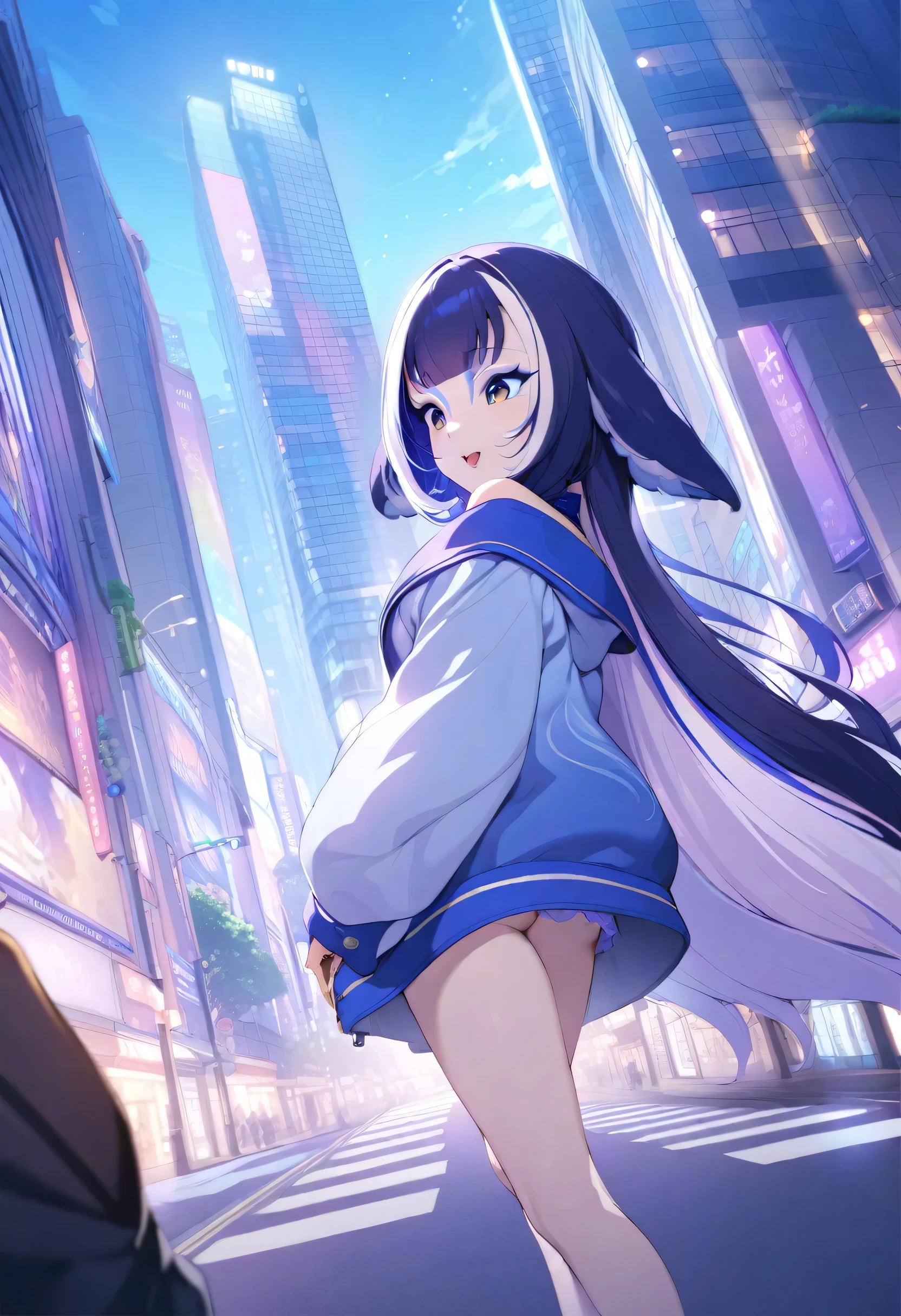 (shylily/(Twich/):1.5),(masterpiece:1.2),(best quality:1.2),absurd, (1 Girl:1.3),, Capturing the Cityscape, Features tall buildings, Bustling streets, and a vibrant atmosphere, Japan Ukiyo