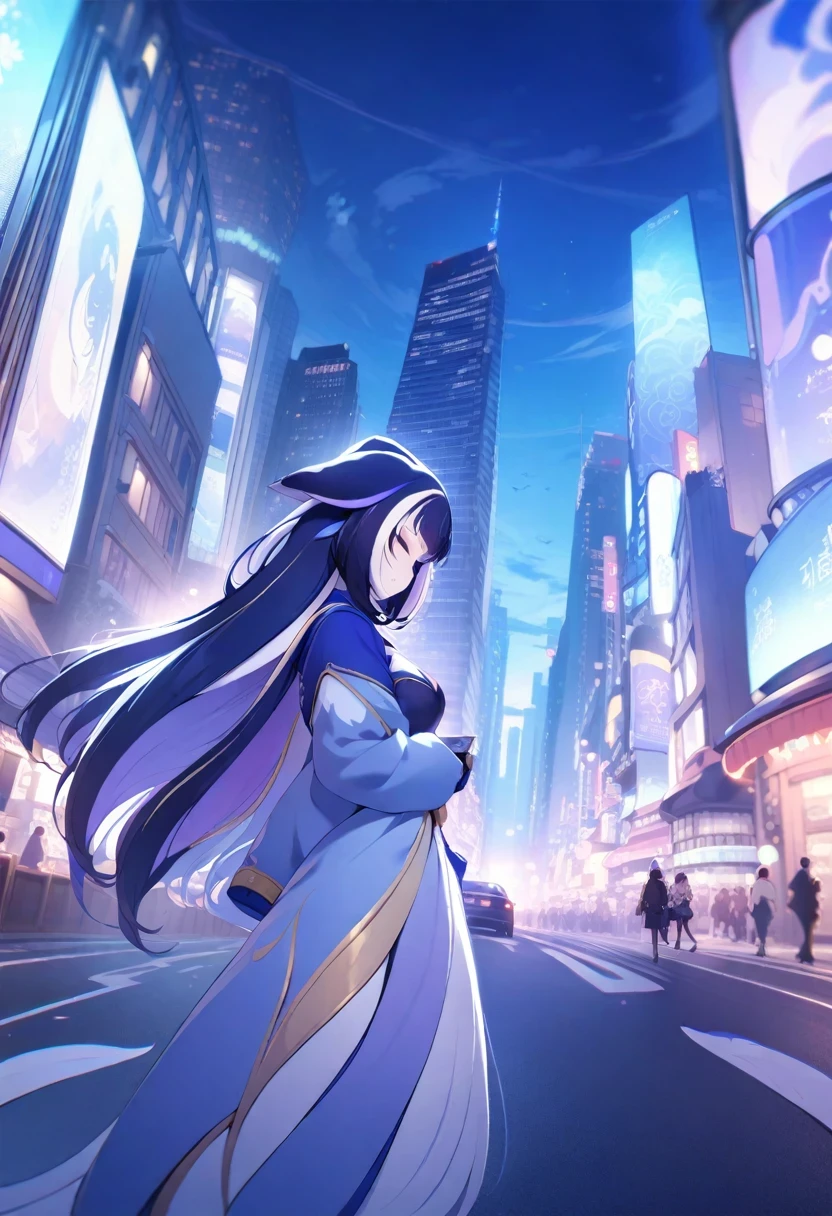 (shylily/(Twich/):1.5),(masterpiece:1.2),(best quality:1.2),absurd, (1 Girl:1.3),, Capturing the Cityscape, Features tall buildings, Bustling streets, and a vibrant atmosphere, Japan Ukiyo