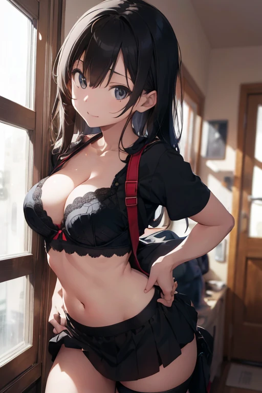 Sexy anime girl in a mini skirt and bra bending down on the bed, very horny mood, seducing pose, big ass and pussy, legs spread apart