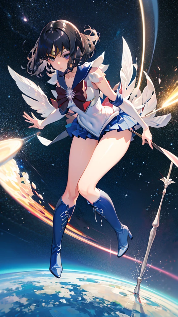 (full body),1 girl，solo，Sailor Saturn,sailor saturn，gold tiara on her forehead，Sailor Warrior Uniform,White leotard，Elbow Handbags，Braided boots，Black Hair，Bobcut，Gold tiara on forehead, Tomoe Hotaru, space, (Highest_quality:1.2), (Ultra_detailed:1.3), 8k, very_clear, Dynamic Shot，Kung Fu Pose，Highestquality, High resolution, unity 8k wallpaper, (shape:0.8), (Beautiful and fine grain:1.6), verydetailedな顔, Perfect Sentence, detailedなCG, (Perfect hands, Perfect Anatomy),Thick thighs, Squat，Spread your legs，Dynamic Angle, (From behind,Bent over, ),Looking down，From below，