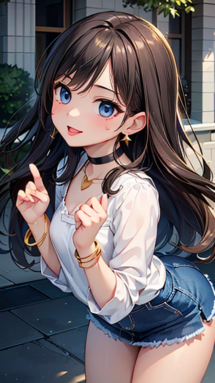 A girl is posing for a photo, cute女の子, Enchanting girl, 
(((UHD)), ((highest quality)), ((masterpiece)), (Very detailed), (High resolution), (Beautiful detailed sparkle), (High detail), (Anatomically correct)), ((Realistic)), ((The best CG)), Ultra-detailed art, CG illustration, 16k, 1080P, Oil paints:1.2,   

(((One Woman))), 
(Symmetrical facial features:1.4, Perfect Face), Beautiful clavicle, (Beautiful fingers), (Beautiful breasts, (Ｄcup)), 
Beautiful body, Beautiful thighs, Beautiful feet, Perfect round butt, (((Detailed skin, Oily skin, Textured skin, Beautiful Skin))), 

(((Baby Face, cute, 16 years old))), 
(Droopy eyes, Expression of fine eyes, Beautiful and delicate eyes, Sparkling eyes, Eye Reflexes, Dark blue eyes), 
(Beautiful Nose,Thin Nose), 
(Glossy Lips, Beautiful Lips, thick lips), 

(Beautiful Hair, Shiny Hair, Shiny Hair), Hair fluttering, (Black Hair, twin drills, Wavy Hair, Long Hair), 

(White blouse, Denim skirt), Earrings、Black choker、Gold Necklace、 Gold Bracelet、

(grin,Open your mouth、tongue out),  
BREAK 
(noon、(Western-style buildings, Courtyard of the mansion)), ((Aggressive Pose、Dynamic Pose, Upward glance, Cowboy Shot))
