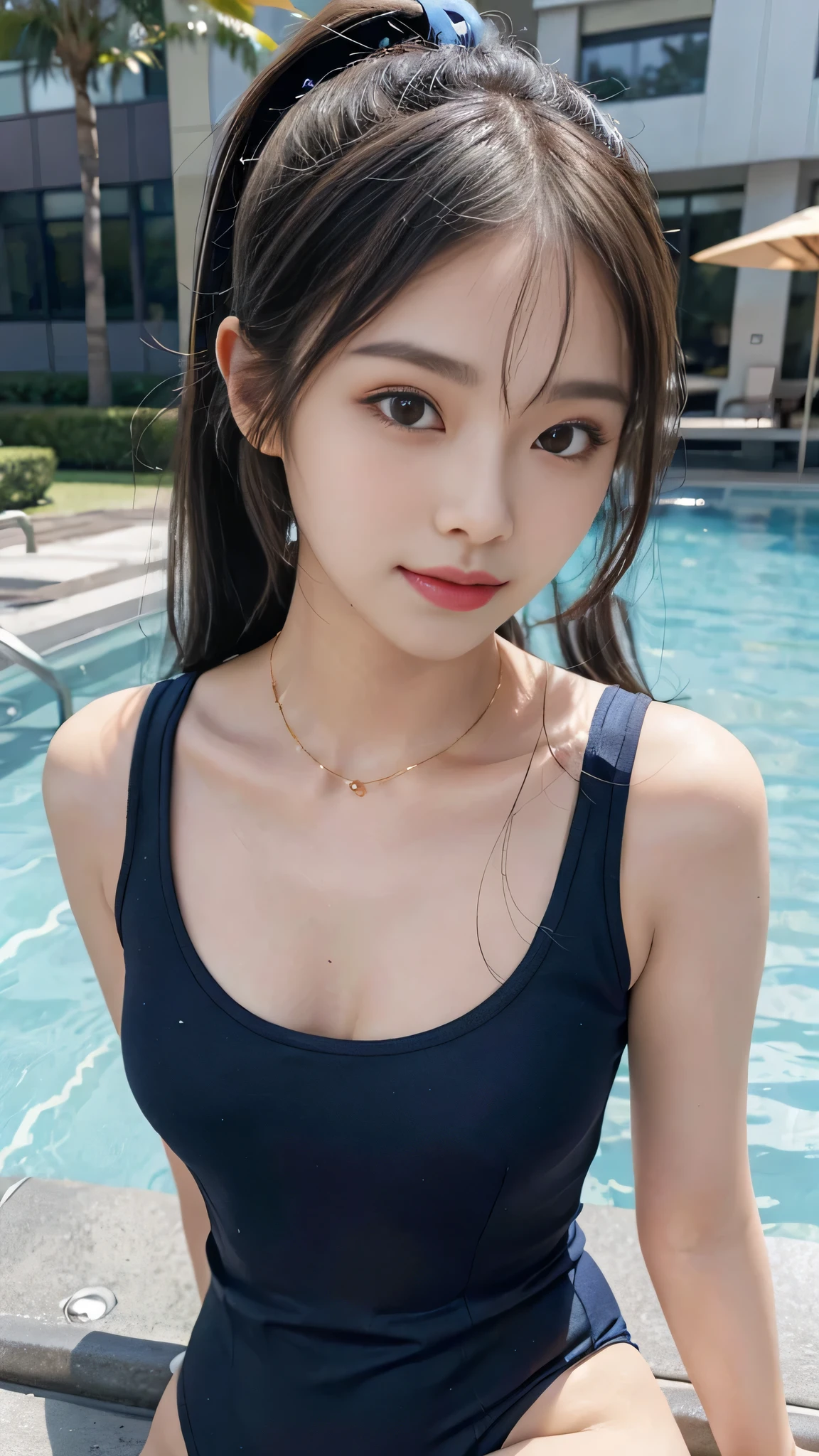 School poolside,school navy blue one-piece swimsuit,Close up face,One woman,masutepiece, The highest image quality, High quality, the background is clear,Beautiful woman, Japanese, Detailed, Detailed eyes, Detailed skin, Beautiful skin, 超hight resolution, (reality: 1.4),Very beautiful woman, Slightly younger face, Beautiful skin, slender, (Ultra photo realsisim), (hight resolution), (8K), (Very detailed) (beautifully detailed eyes), (super detailed), (Detailed face), view the viewer, Fine details, Detailed face, Staring straight ahead, Staring straight ahead, photos realistic, Bright lighting, Professional Lighting, Black hair,poneyTail,a baby face,fifteen years old,Hairstyle: ponytail,Long ponytail hairstyle,slight smile,neat and tidy clothing,Beautiful Japanese KPOP idol photo, hair style is ponytail, my eyes are double and wide, baby face, smile and look straight ahead, slender, small breasts,Close up face,