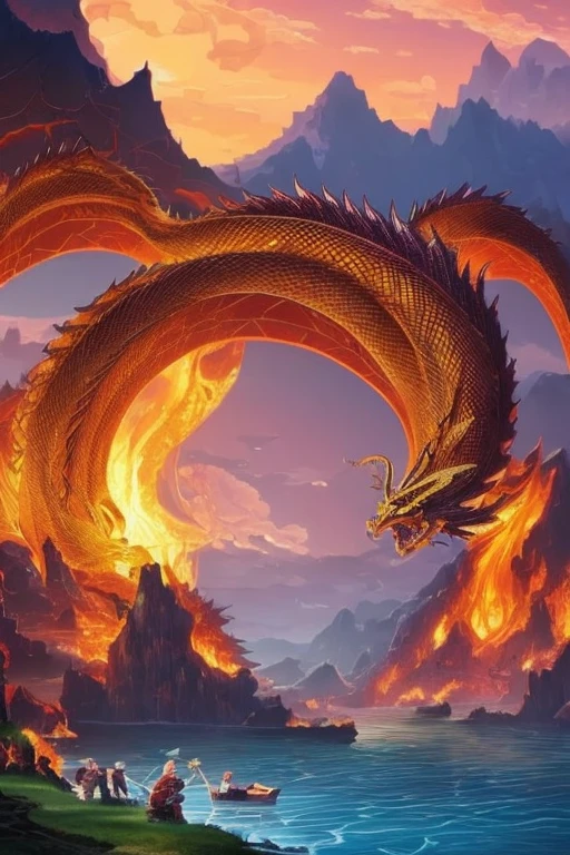 So sublime and divine々A beautiful golden dragon coiled up in the center of the screen, glaring at the camera.。金色のThe dragon is幸せをもたらす神なのでとても有難い存在である。The surrounding area is a canyon where no one can get close, and lightning is flashing in the background.、The sun is shining brightly。The dragon is、I want a realistic image。A man standing at the bottom of the canyon is worshipping the dragon with gratitude.。