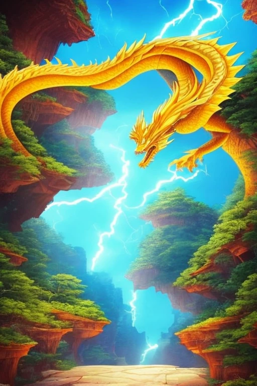 So sublime and divine々A beautiful golden dragon coiled up in the center of the screen, glaring at the camera.。金色のThe dragon is幸せをもたらす神なのでとても有難い存在である。The surrounding area is a canyon where no one can get close, and lightning is flashing in the background.、The sun is shining brightly。The dragon is、I want a realistic image。A man standing at the bottom of the canyon is worshipping the dragon with gratitude.。