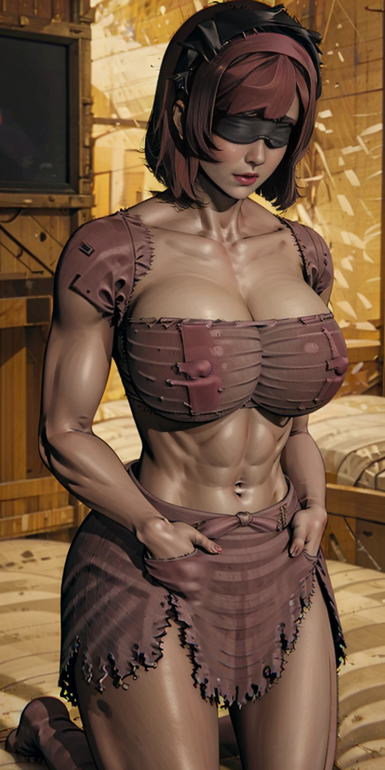 MILF BIMBO KNEELING RED short bob haircut hairband female wearing a pink pajamas, video games, pink outfit, tv, fluffy teddy bear toy 🧸 🐻, bed, white pillow, black gazed cross belt blindfold, bodybuilder abs toned, hands inside pockets