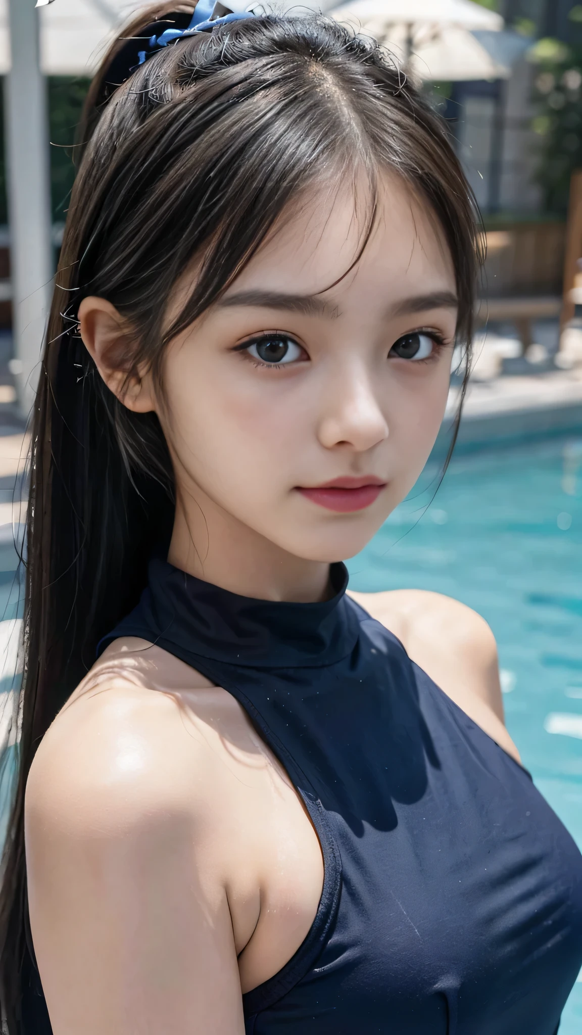 School poolside,school navy blue one-piece swimsuit,Close up face,One woman,masutepiece, The highest image quality, High quality, the background is clear,Beautiful woman, Japanese, Detailed, Detailed eyes, Detailed skin, Beautiful skin, 超hight resolution, (reality: 1.4),Very beautiful woman, Slightly younger face, Beautiful skin, slender, (Ultra photo realsisim), (hight resolution), (8K), (Very detailed) (beautifully detailed eyes), (super detailed), (Detailed face), view the viewer, Fine details, Detailed face, Staring straight ahead, Staring straight ahead, photos realistic, Bright lighting, Professional Lighting, Black hair,poneyTail,a baby face,fifteen years old,Hairstyle: ponytail,Long ponytail hairstyle,slight smile,neat and tidy clothing,Beautiful Japanese KPOP idol photo, hair style is ponytail, my eyes are double and wide, baby face, smile and look straight ahead, slender, small breasts,Close up face,