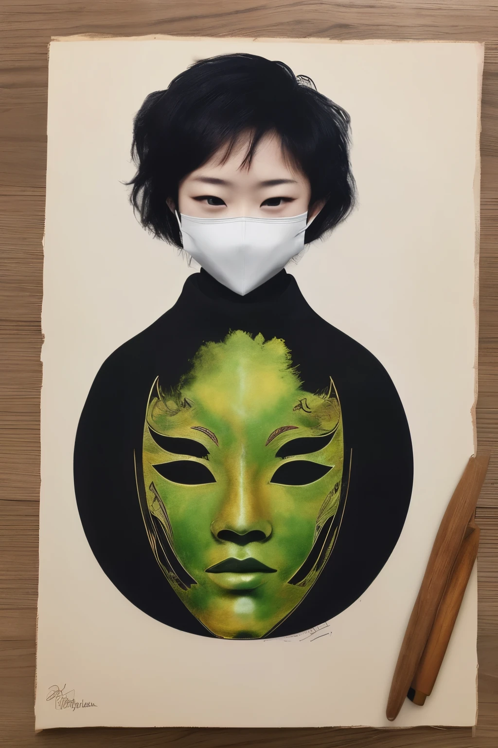 ((best quality)), ((masterpiece)), (detailed), perfect face, Young Girls, Black short hair, Green Eyes, White mask, brown leather coat, have, Rorschach inkblot test, angry, masterpiece, high quality, Wear a samurai mask