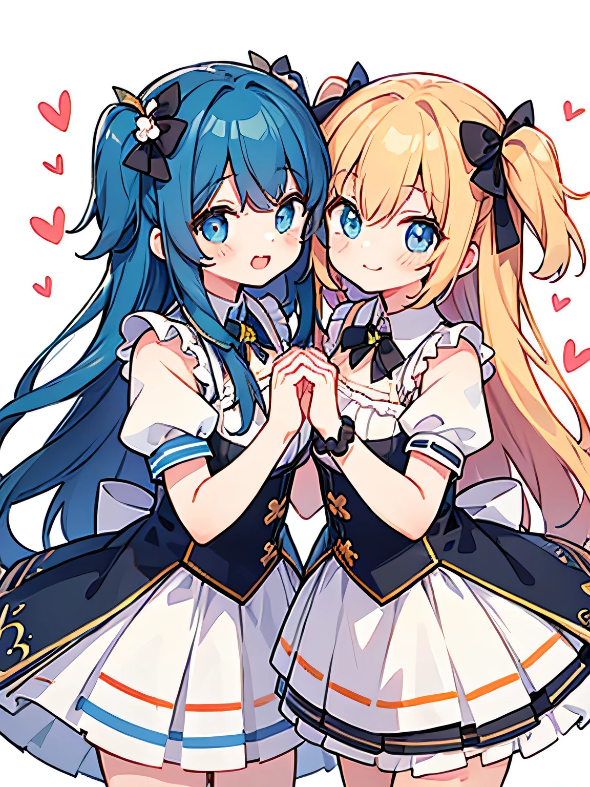 Two cute girls making a heart with each hand。Perfect quality