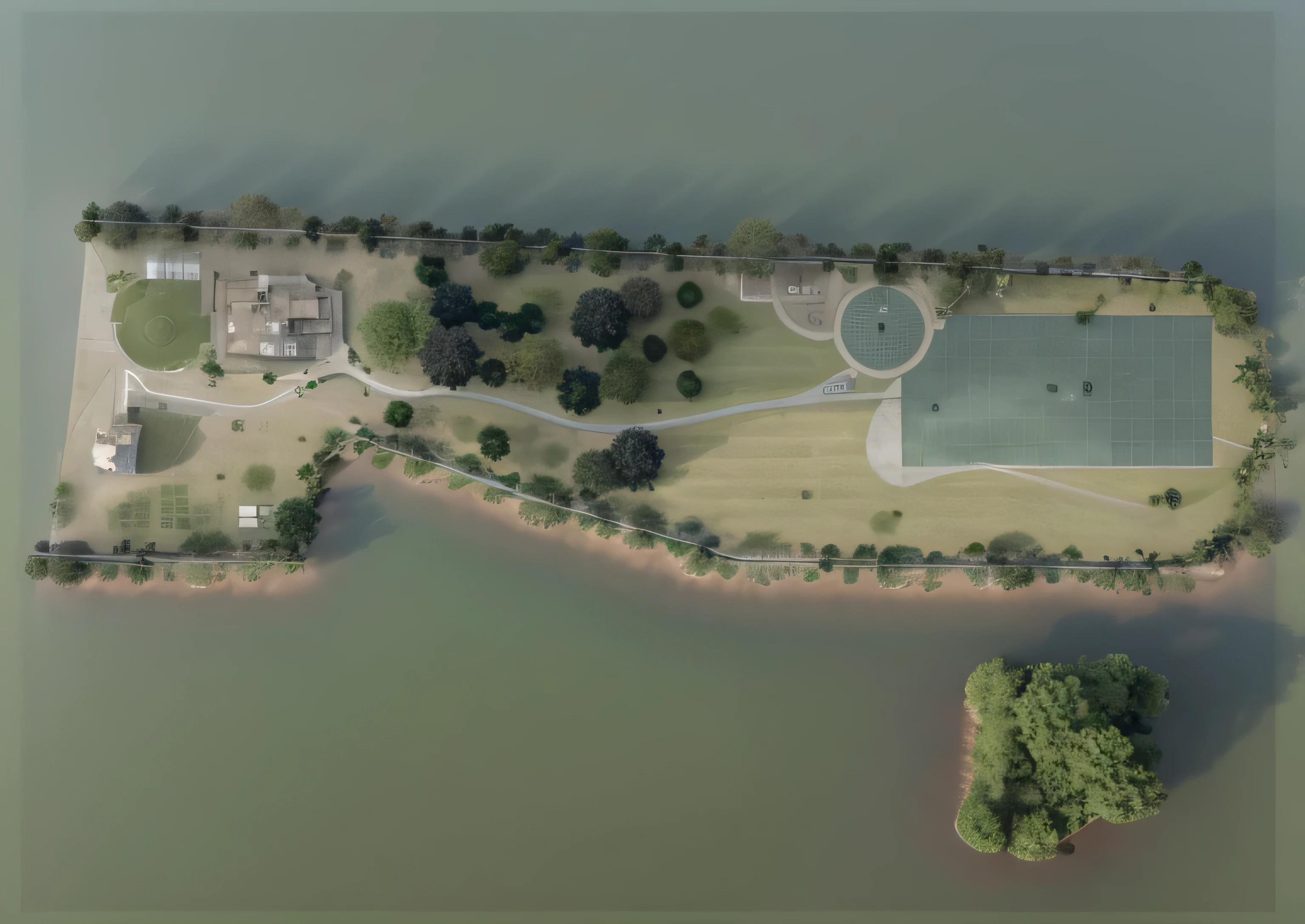 siteplan, building, day, house, no human, outdoor, scene, tree, forest, lake, road, shadow, rendering style, (top view), view from above