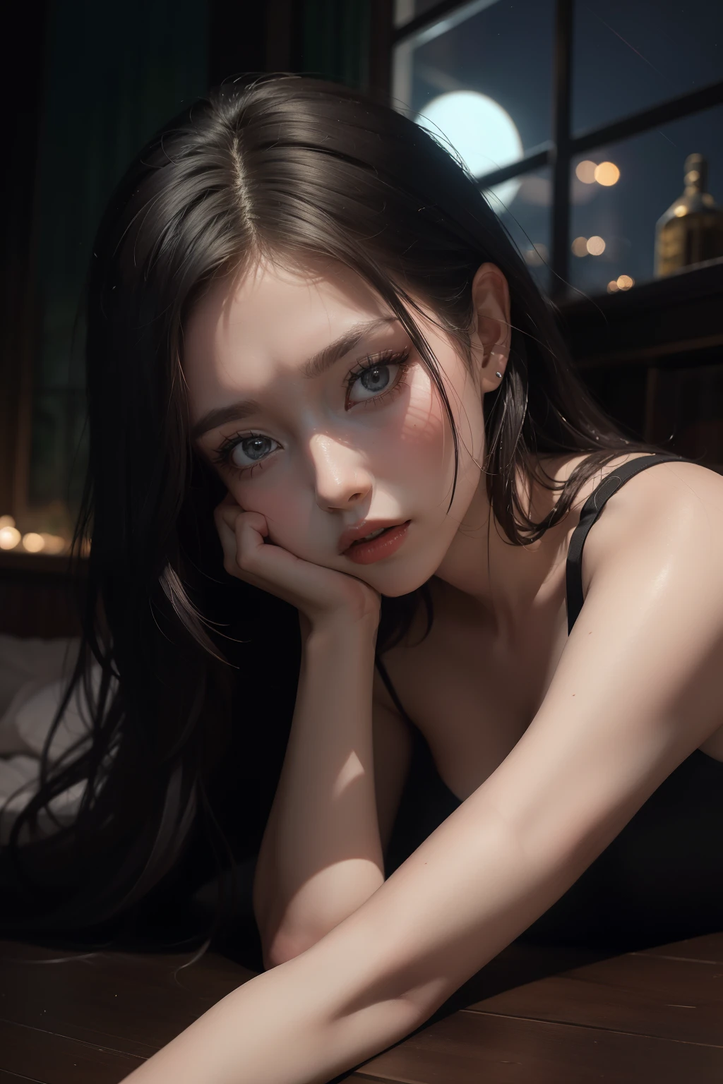 ((best quality)), ((masterpiece)), (detailed), Perfect face，
Dark Room，European architecture，The woman fell to the ground，whole body，faint，In the room，night，