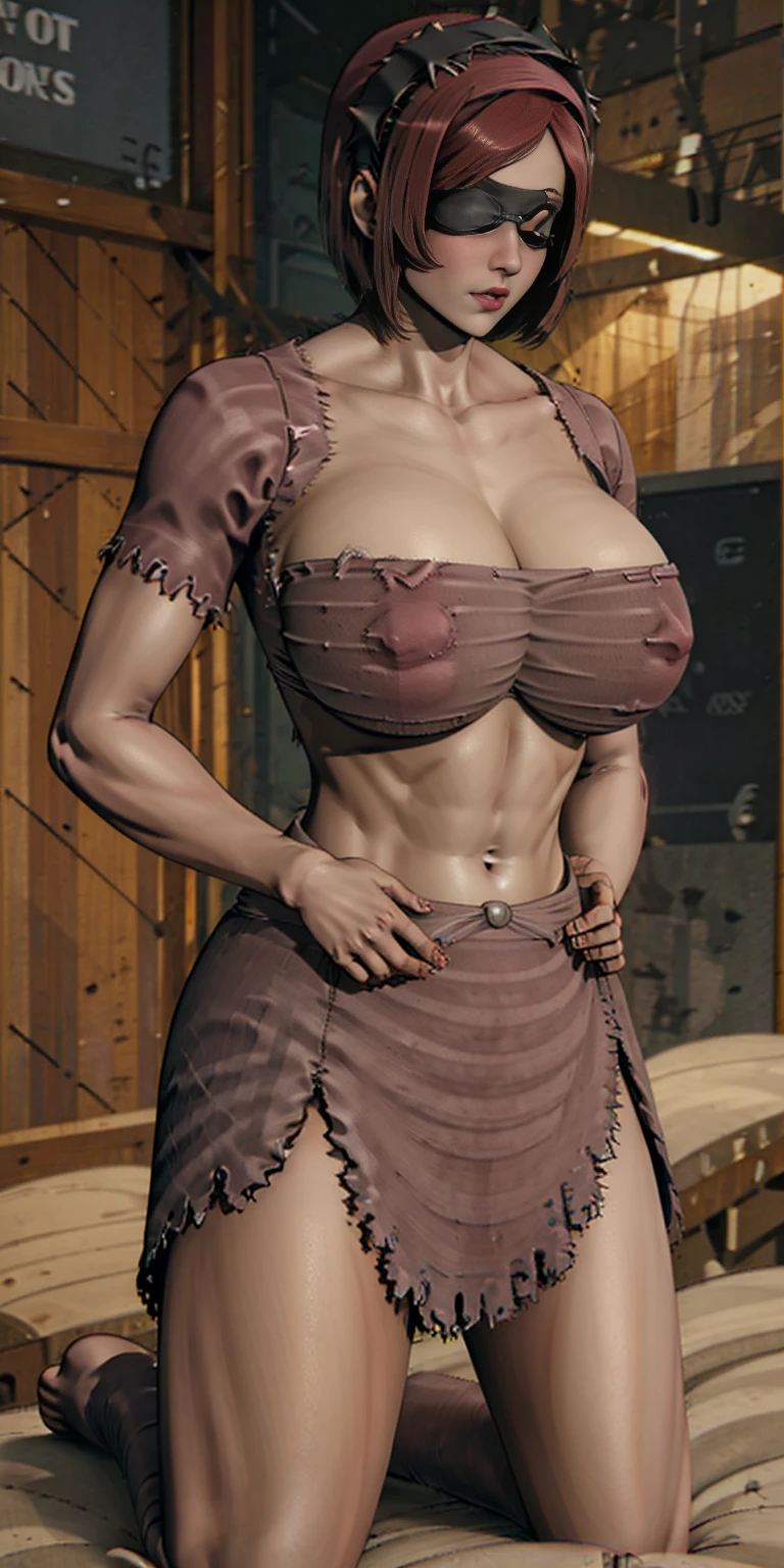 MILF BIMBO KNEELING RED short bob haircut hairband female wearing a pink pajamas, video games, pink outfit, tv, fluffy teddy bear toy 🧸 🐻, bed, white pillow, black gazed cross belt blindfold, bodybuilder abs toned, hands inside pockets