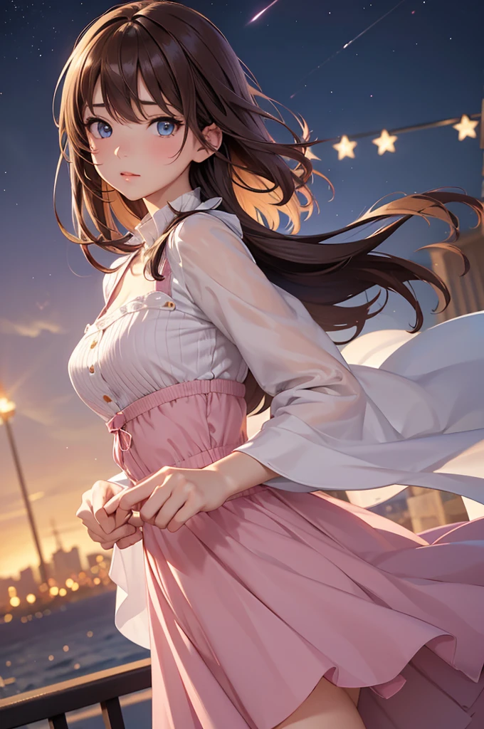 masterpiece、highest quality、High resolution、high quality images、8K, 1 female、skin luster、skin texture、Expression of fine eyes, realism, Detailed manga style, manga art style, perfect line drawing, beautiful line drawing, digital manga art girl, Clear, charm, Front view, (perfectly detailed face), (fine hands) 、(Five fingers:1.3)、photorealistic images, Depth of written boundary,
One girl, bangs, blue eyes, Blurred Background, Brown Hair, Mouth closed, From the side, Hair between the eyes、White and pink dress、Long sleeve, View Viewer, Medium Hair, night, star , Upper Body, Bright and colorful, Strong color contrast