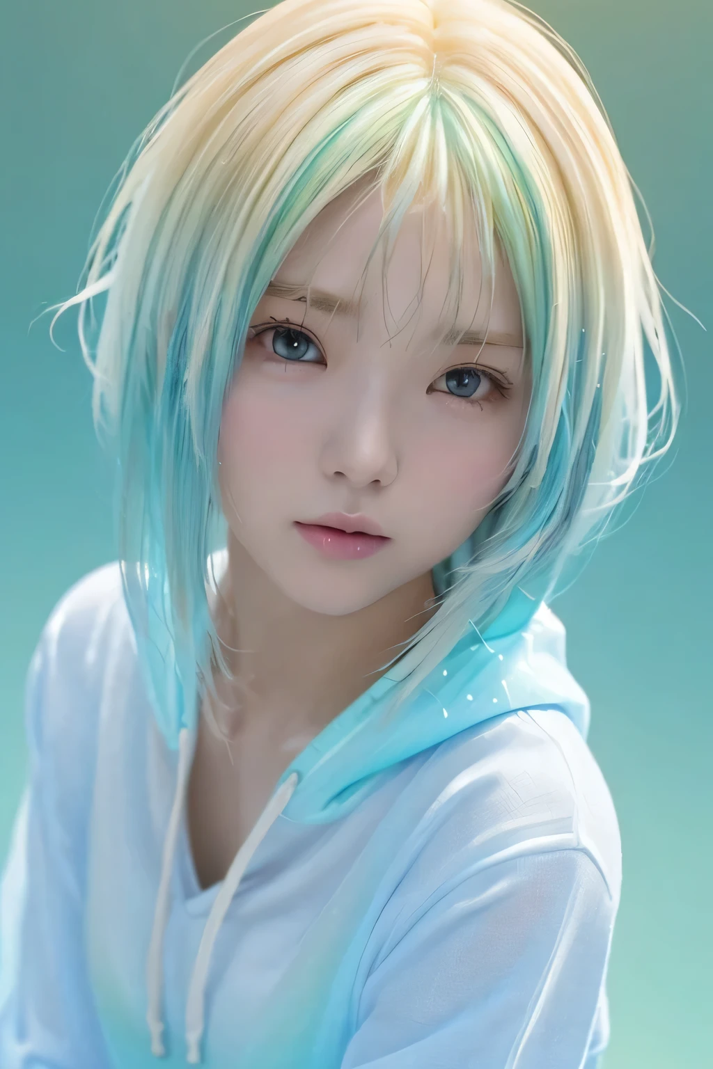 8k、masterpiece、highest quality、High resolution、Super Resolution、Very detailed、 ((Face shot close up)) 、(1 pretty girl、(************)、slim、slender、Flat Body)、Aqua green and white hoodie、 Blonde、(Gradient Hair :1.5)、Realistic skin texture、Professional Lighting and Shadows、