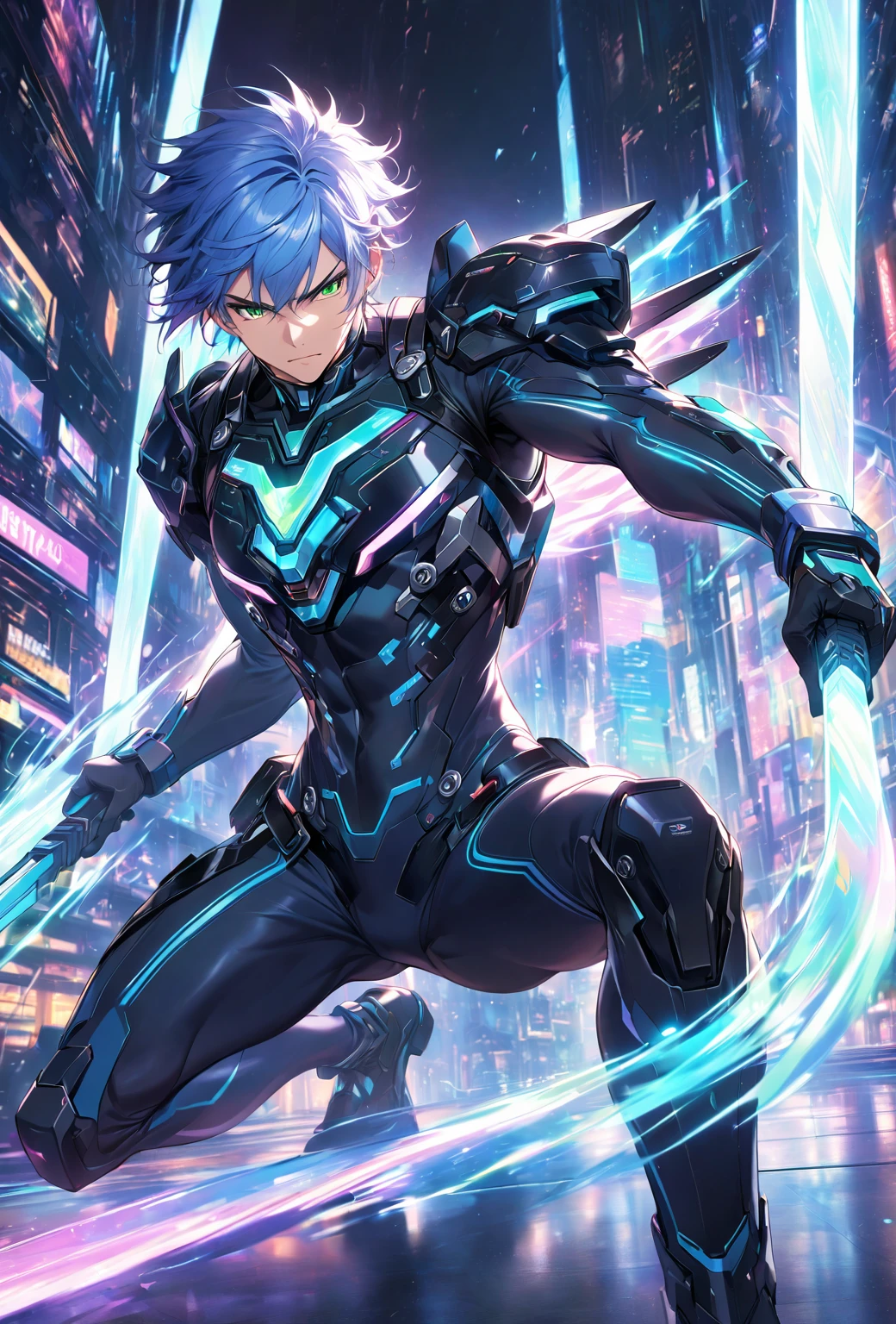 A dynamic male character in a futuristic black and blue cyber suit with glowing LED lines, short spiky blue hair, and sharp green eyes. He is tall, muscular, and has an energy backpack on his back. The character is in a combat pose, wielding energy blades, with a serious and focused expression. The background is a digital cityscape with floating holographic elements and light effects, representing a cybernetic world.,BREAK,Cyberspace Background,Purple, white and black color scheme,neon,Dance,Anatomically correct,flash,Sparkling,Intricate details,Beautiful light and shadow,(Rei Ayanami:0.2),Draw carefully,Carefully crafted down to the last detail