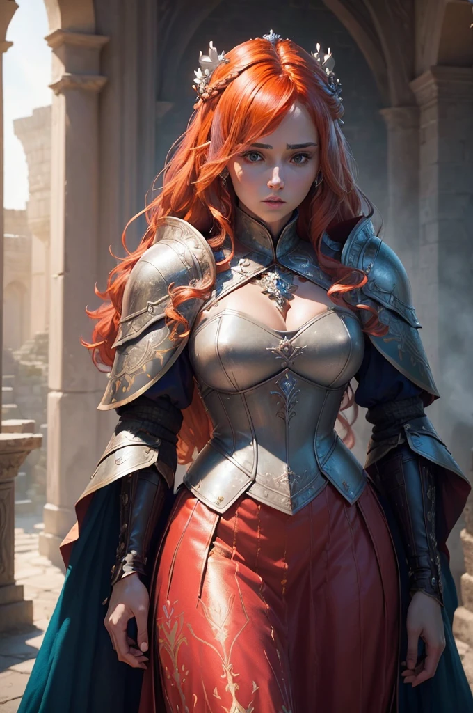 (Beautiful royal princess woman: 1.6) Female warrior with sword armor and ornate shield (Extremely exquisite and beautiful) (Game of Thrones Medieval) (Ancient ruins: 1.2) (Weight loss: 0.8) (Headquarters skin: 2, shiny skin) Soft lighting, Coat color: Red (Colorful hair: 1.5) (masterpiece: 1.2) (Realistic: 1.2) (best quality) (Delicate skin: 1.3) (Intricate details) (HDR) (cinematography lighting) (Sharp focus) (illustration: 1.1) (detailed) (fondo detailed) (Atmospheric volumetric fog: 1.1) epic movie poster (wallpaper) (cable: 1.2) (embroidery: 0.5) (original photo: 1.2) ultra-high-solve (detailed臉部特徵) Shooting at eye level (solve: 8K) (Dynamic poses) Fuji XT3 (fondo de pantalla ultra detailed de Juego de Tronos 8K) role playing game (Gorgeous royal family)