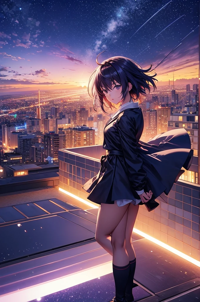 anime girl standing on rooftop looking at night sky with stars, anime wallpaper 4k, anime wallpaper 4 k, 4k anime wallpaper, anime art wallpaper 8 k, anime art wallpaper 4k, anime art wallpaper 4 k, anime style 4 k, makoto shinkai cyril rolando, 4 k manga wallpaper, anime wallpaper, amazing wallpaper, shooting stars