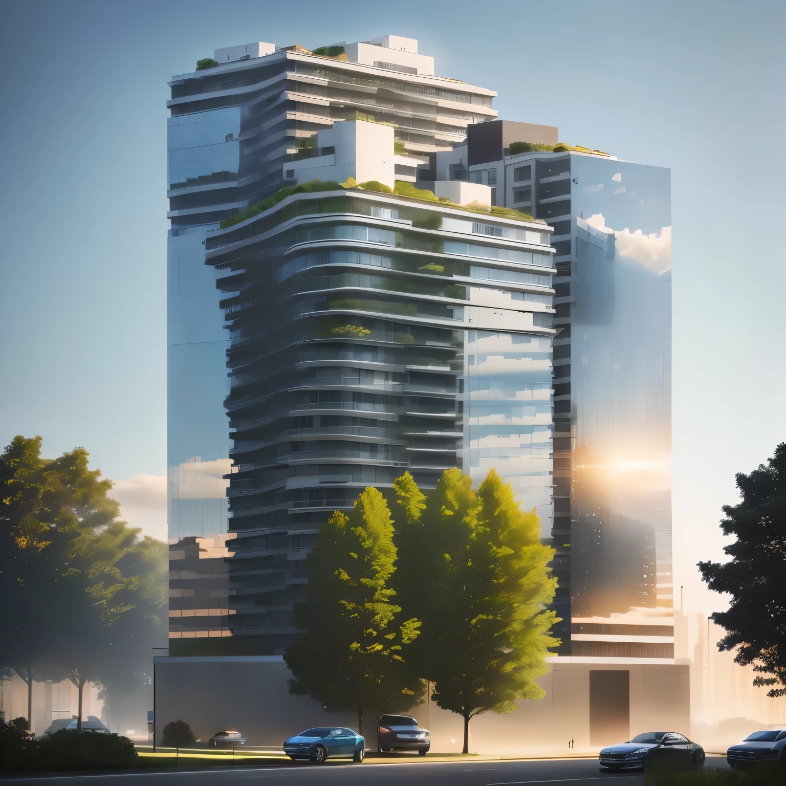 Rendering of a high-rise apartment building, with many glass windows, sea view, perspective view, entire building, elevation view, 3/4 view from below, detailed rendering detail, high-rise, wide establishing shot, 3/4 view, 3/4 view, front perspective, sharp hq display, front elevation view, masterpiece, lighting Calm, blue sky, high resolution, park and car in front