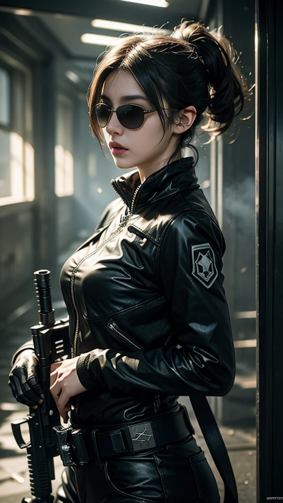 8K, Ultra HD, masterpiece, 1 girl, Delicate face, smart face, ((sunglasses)), delicate eyes, In hand, battlefield, Call of Duty Role Playing, Call of Duty Modern Warfare 3, ((Ghost Clan)), belt, gun, methic gun, futuristic art, Cyberpunk Lighting, Ultra Extreme Graphics, RTX 4090, Ray tracing, bloom, Depth of Field, Motion blur,