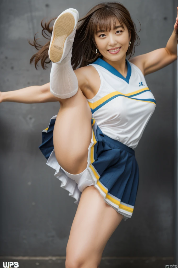 ultra-detailed, (perfect anatomy:1.3999), (close-up shot, dynamic shot, front view:1.399), (ultra beautiful perfect detailed smile face:1.3999), (finely ultra-detailed eyes:1.3999), slim waist, curvy hourglass figure, perfect and proportional body, (((glamorous athletic Japanese girl in her twenties, one leg up, high kick:1.25))), beautiful Asian actress face, ((thick thighs:1.399)), fit curvy physique, inverted body type, attractive feminine curves, ((gigantic breasts:1.25)), (((thick voluptuous arms and legs:1.399))), feminine curvy figure, (style of plump voluptuous body), (plain white over-the-calf socks, bare knees:1.25), masterpiece, highres, best quality, (realistic), photo-realistic, RAW photo, ultra-detailed, CG, unity, 8k wallpaper, extremely detailed CG, extremely detailed, an extremely delicate and beautiful, extremely detailed, Amazing, finely detail, official art, High quality texture, incredibly absurdres, huge file size, photorealistic, ((HaruCheerUniform, blue skirt)), (katoemiri, mature female:1.25), blue pleated mini skirt, white sleeveless tops, plump, (bare knees, bare arms, bare elbows, bare shoulders), white sneaker,
