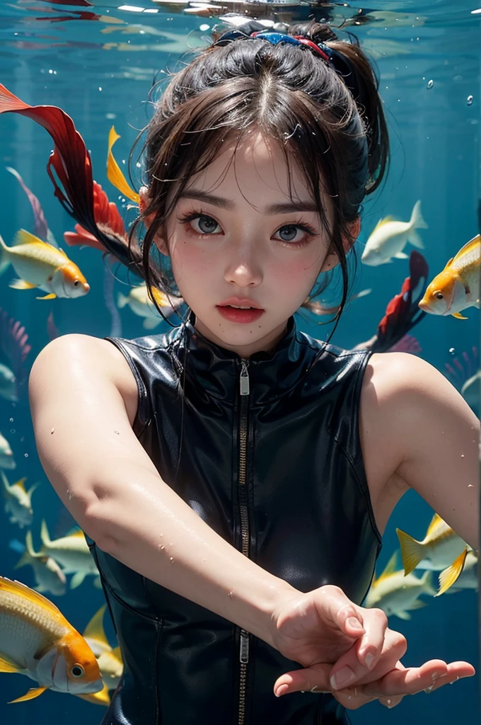 masterpiece, best quality, 8K, 24 years old, Photo Beast, absurd, Award winning portrait, Pure, Korean beauty, spring, Tropical fish in the sea, shoelace, Lovely, correct, healthy, Beloved, Perfect hands, Snorkel,wearing Snorkel, Underwater,Diving suit, Wet hair,
