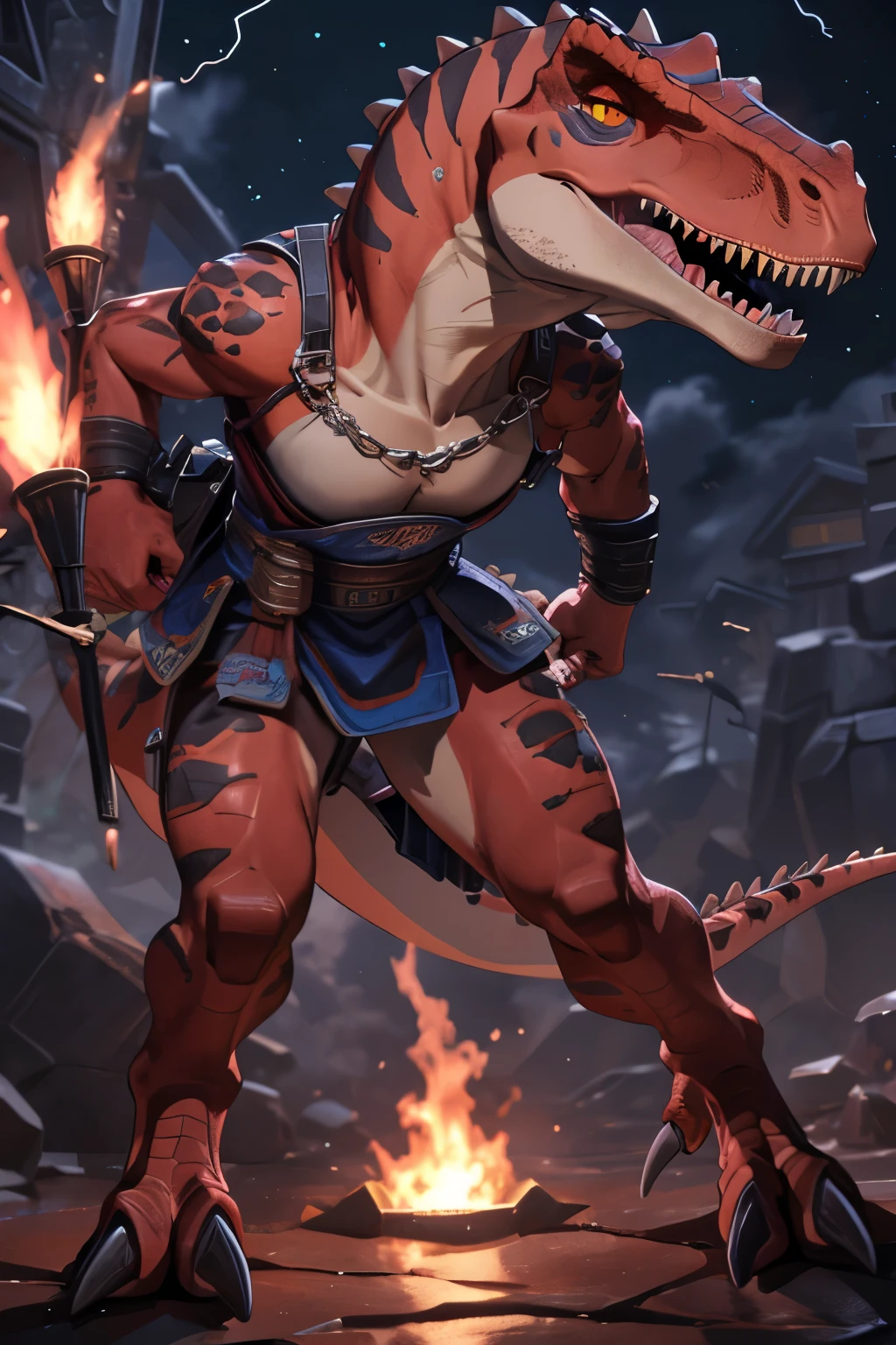 (((dinosaur character, full body, cinematic setting, lizard female))) 

Here I come, drop your jaws to the floor
I'm riding on my (((mighty laser-shooting dinosaur))) 
Here we come, can you hear him roar?

Prepare for epic fight and his (((laser missiles)))
The sound is boom, boom, boom for every time a goblin dies
Let's sing now, here we go, hear my battle cries

(((Made of metal))) from the moon
Assembled by samurai
His battery gets charged by thunderstorm
With most advanced AI
Devouring trolls and unicorns
From his maw there comes a flame
Burning away our enemies
And therefore we proclaim

BREAK, detailed background, 8K, (masterpiece:1.5), intricate details, highly detailed, extreme detail, octane render, fine art, best quality, highres, (detailed face:1.5), ((full_body)), UHD, (((perfect hands))), low light