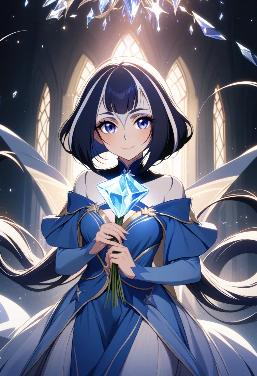 (shylily/(Twich/):1.5),(masterpiece:1.2),(best quality:1.2),Court dress, Royal, Gorgeous, Cascading Ruffles, Ruffles, Crystal chandeliers, Roman Curl Hairstyle, Will release, Double ponytail like a drill, Looking at the camera, Bangs, Minimalism, Magnificent background, Delicate depiction of hair and eyes, Princess dress, Gorgeous skirts, Holding flowers, Smile, Eyes of the stars,, Happy girl, Very long hair, diamond, broken diamond, Crystal Shards, Light Particles