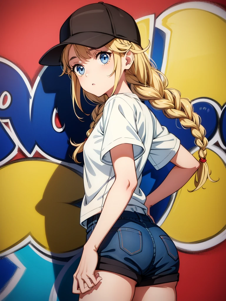 a girl with brown hair and eyes is in a baseball cap and shorts, 1girl, solo, hat, shorts, braid, blue eyes, twin braids, long hair, baseball cap, ass, shirt, short sleeves, blonde hair, shirt tucked in, white shirt, graffiti, short shorts, black headwear