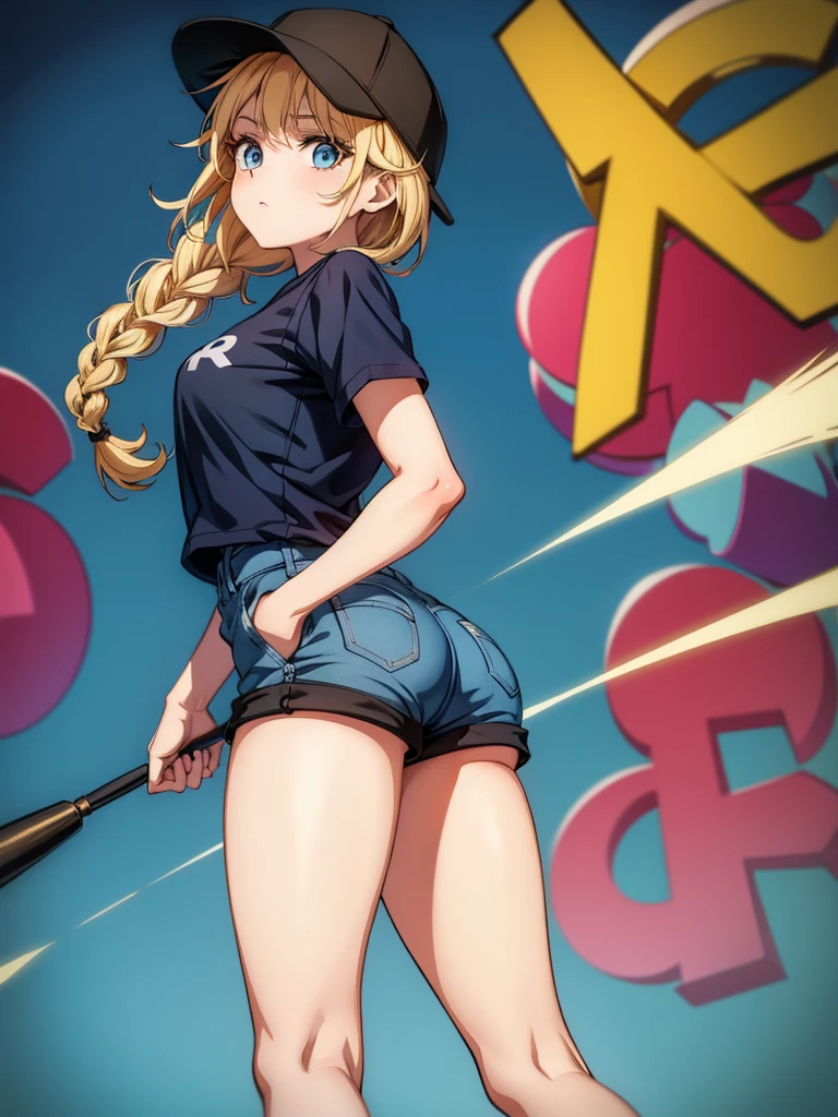a female cartoon character with blonde hair and dressed in shorts and a baseball cap, 1girl, shorts, hat, solo, blue eyes, braid, shirt, twin braids, white shirt, black shorts, baseball cap, short sleeves, ass, blonde hair, long hair, looking at viewer, graffiti, black headwear, short shorts, thighs, breasts, shirt tucked in, bangs