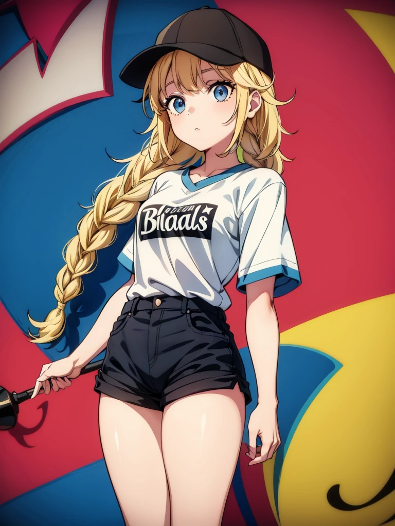 a female cartoon character with blonde hair and dressed in shorts and a baseball cap, 1girl, shorts, hat, solo, blue eyes, braid, shirt, twin braids, white shirt, black shorts, baseball cap, short sleeves, ass, blonde hair, long hair, looking at viewer, graffiti, black headwear, short shorts, thighs, breasts, shirt tucked in, bangs